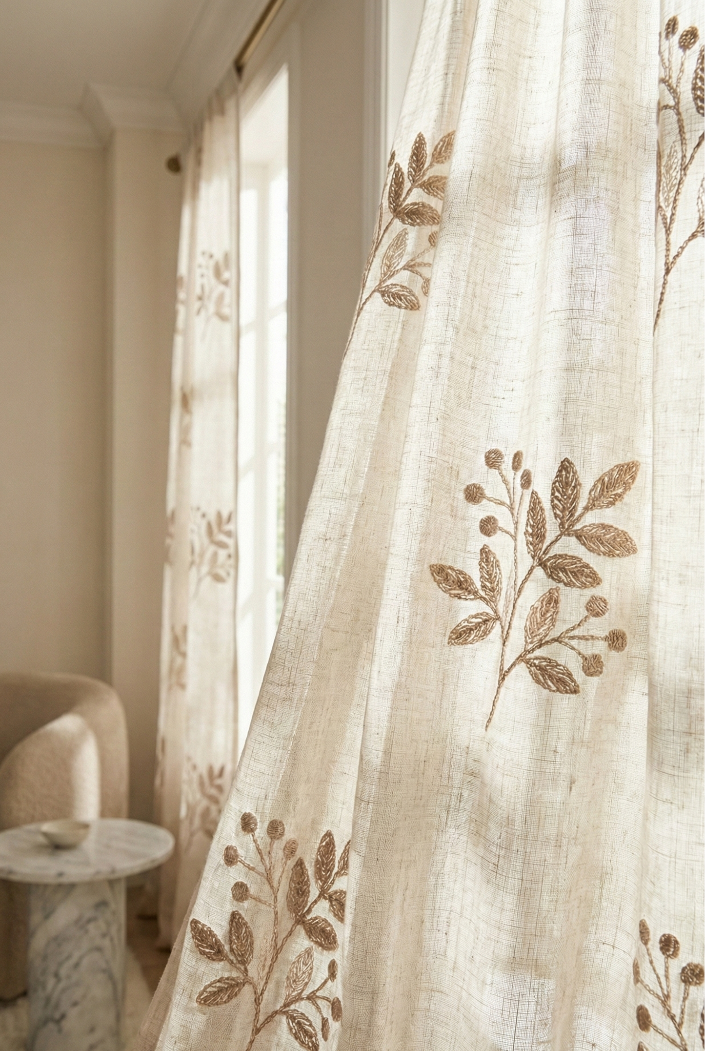 Hand-Embroidered Botanical Sheer Curtain Panel – Natural Linen Look