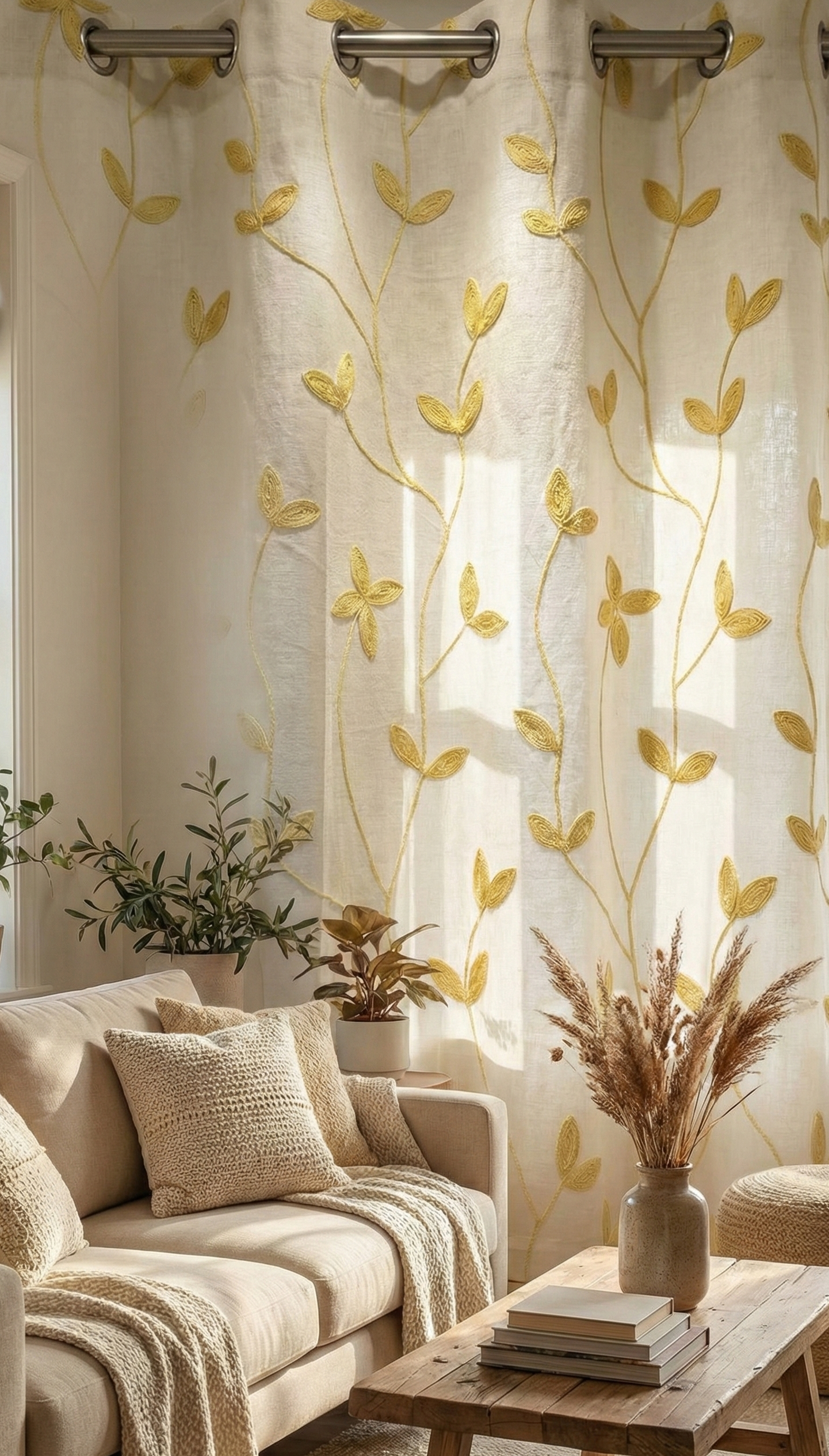Hand-Embroidered Botanical Sheer Curtain Panel – Natural Linen Look