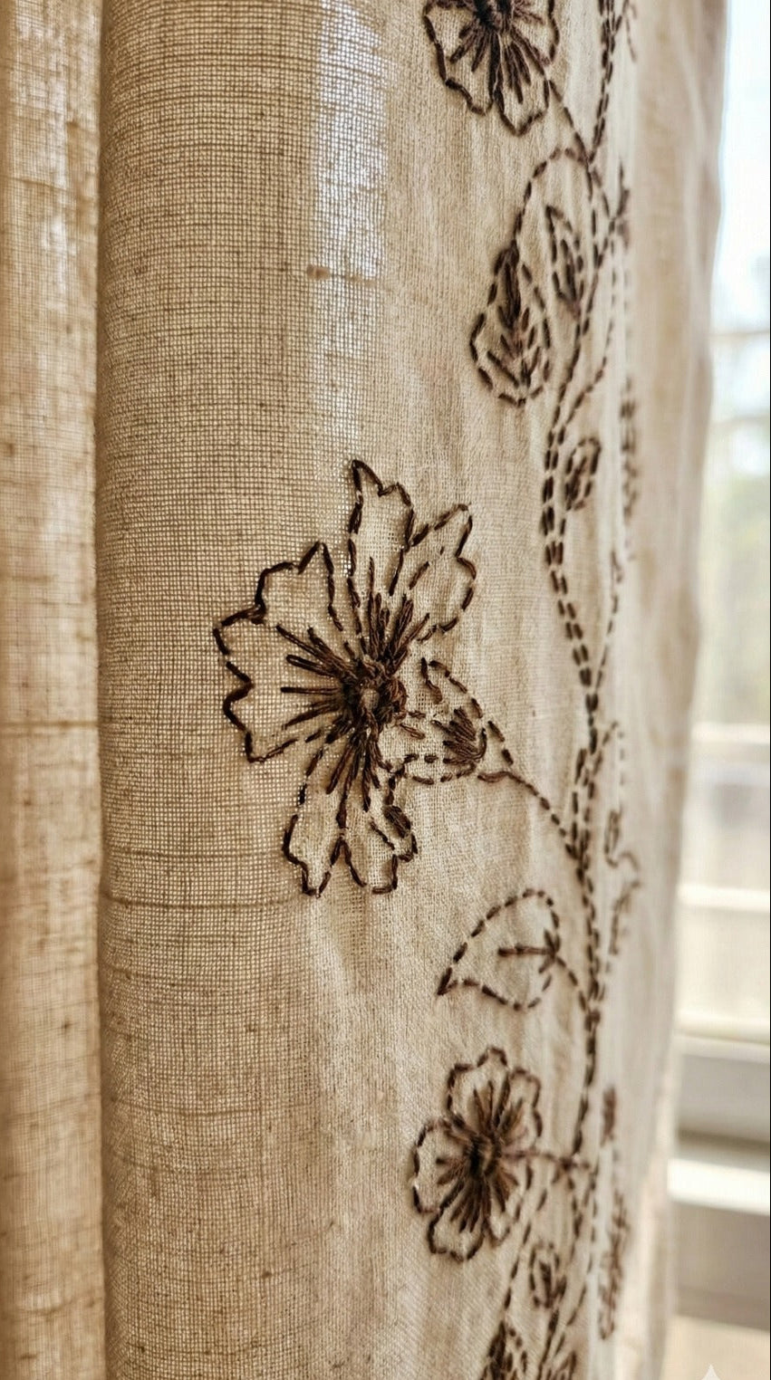 Hand-Embroidered Botanical Sheer Curtain Panel – Natural Linen Look