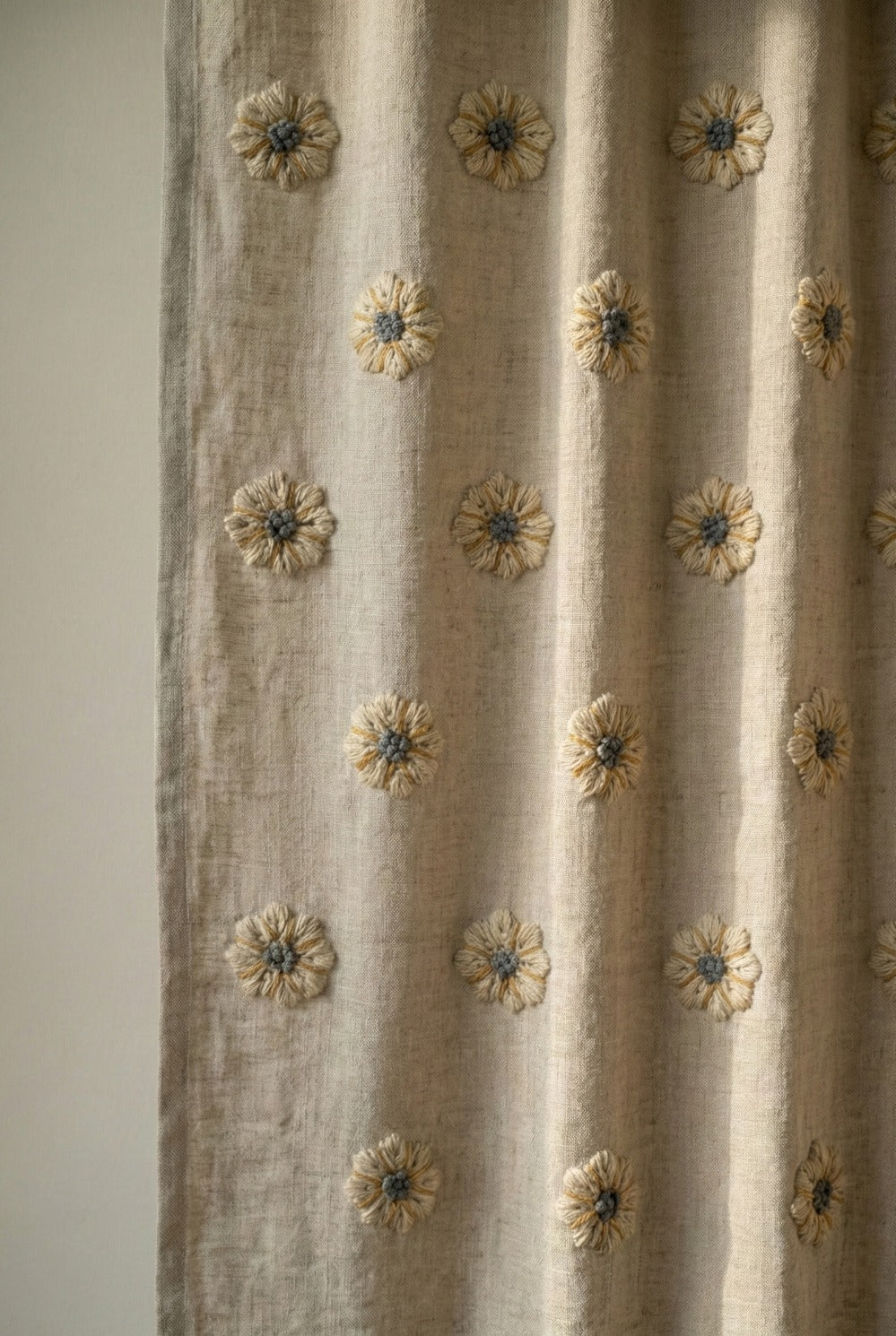 Hand-Embroidered Botanical Sheer Curtain Panel – Natural Linen Look