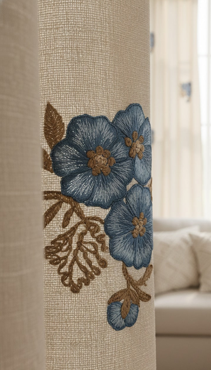 Hand-Embroidered Botanical Sheer Curtain Panel – Natural Linen Look