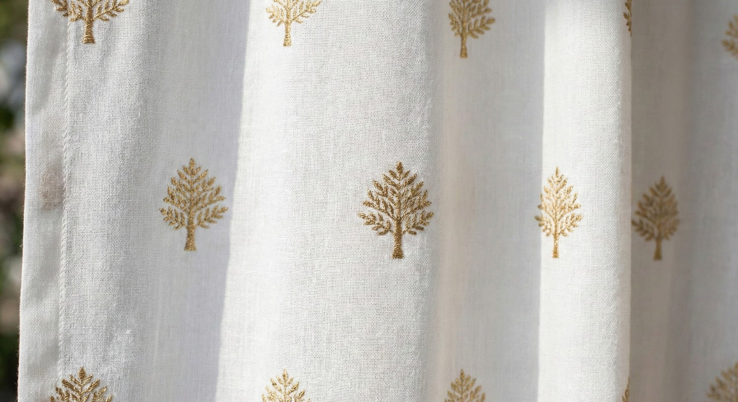 Hand-Embroidered Botanical Sheer Curtain Panel – Natural Linen Look
