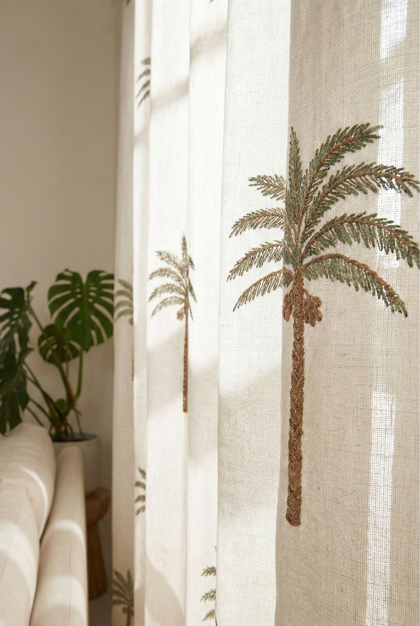 Hand-Embroidered Botanical Sheer Curtain Panel – Natural Linen Look