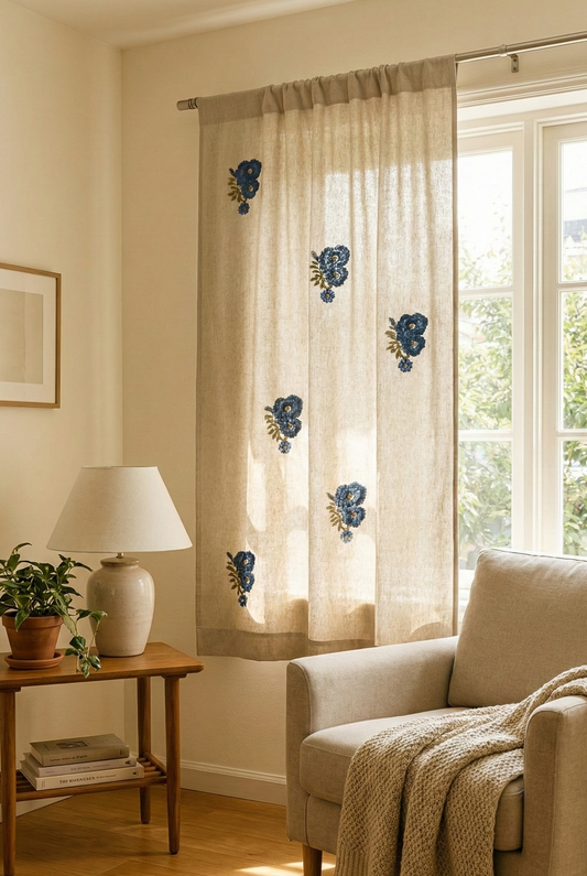 Hand-Embroidered Botanical Sheer Curtain Panel – Natural Linen Look