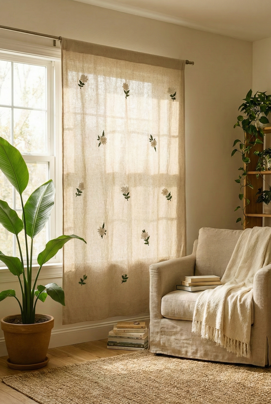 Hand-Embroidered Botanical Sheer Curtain Panel – Natural Linen Look