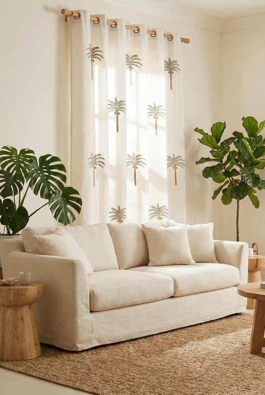 Hand-Embroidered Botanical Sheer Curtain Panel – Natural Linen Look