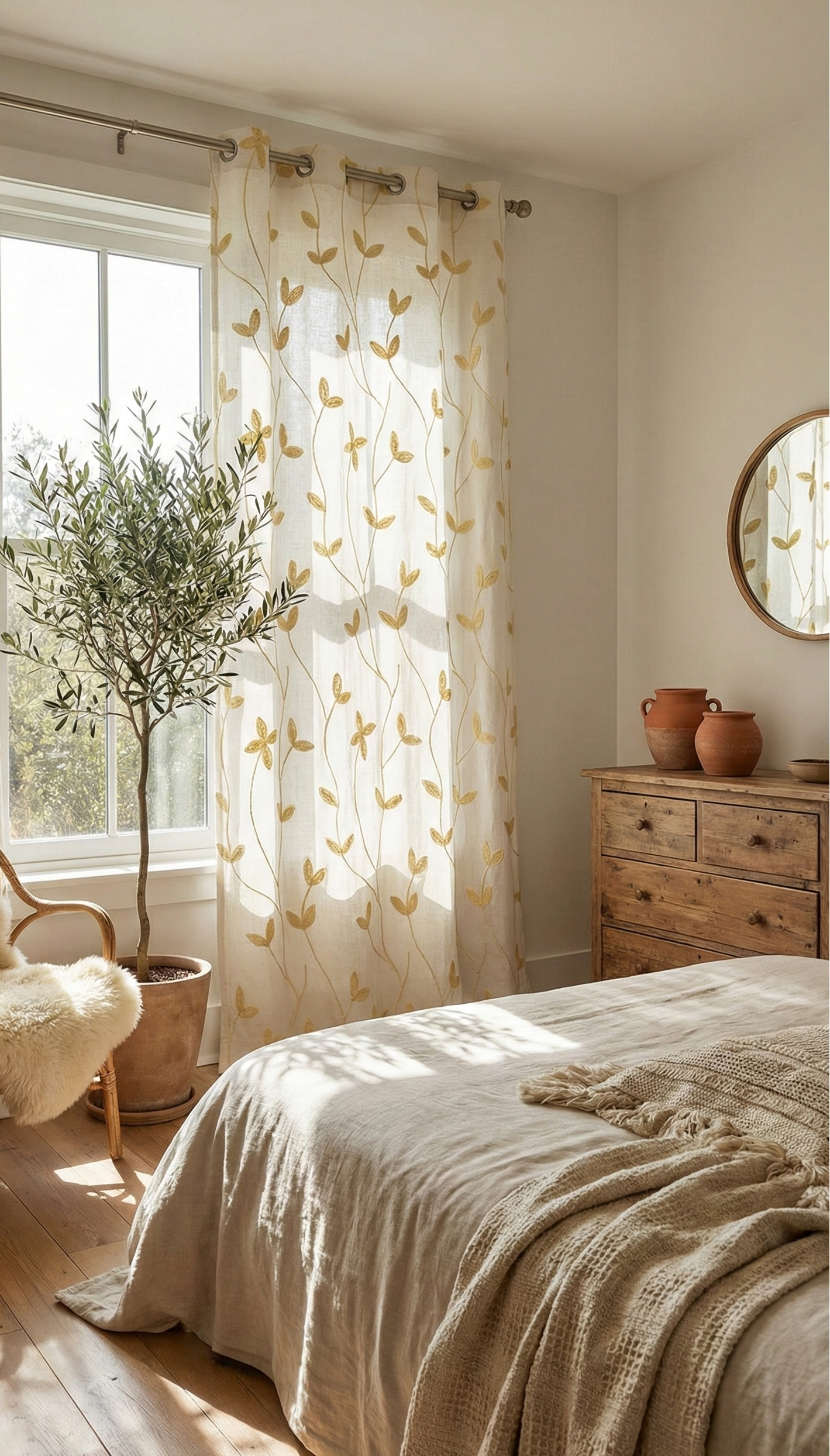 Hand-Embroidered Botanical Sheer Curtain Panel – Natural Linen Look
