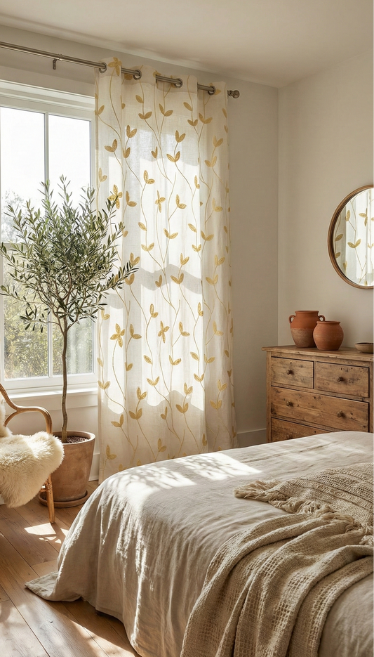 Hand-Embroidered Botanical Sheer Curtain Panel – Natural Linen Look