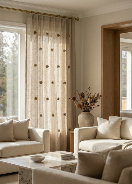 Hand-Embroidered Botanical Sheer Curtain Panel – Natural Linen Look