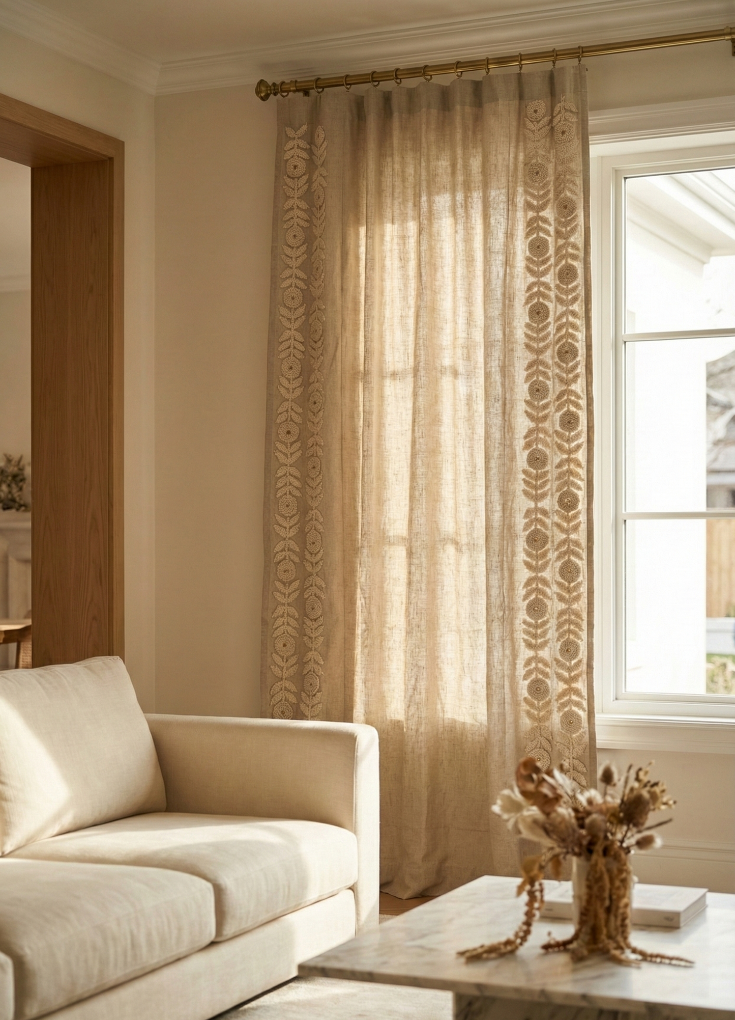 Hand-Embroidered Botanical Sheer Curtain Panel – Natural Linen Look