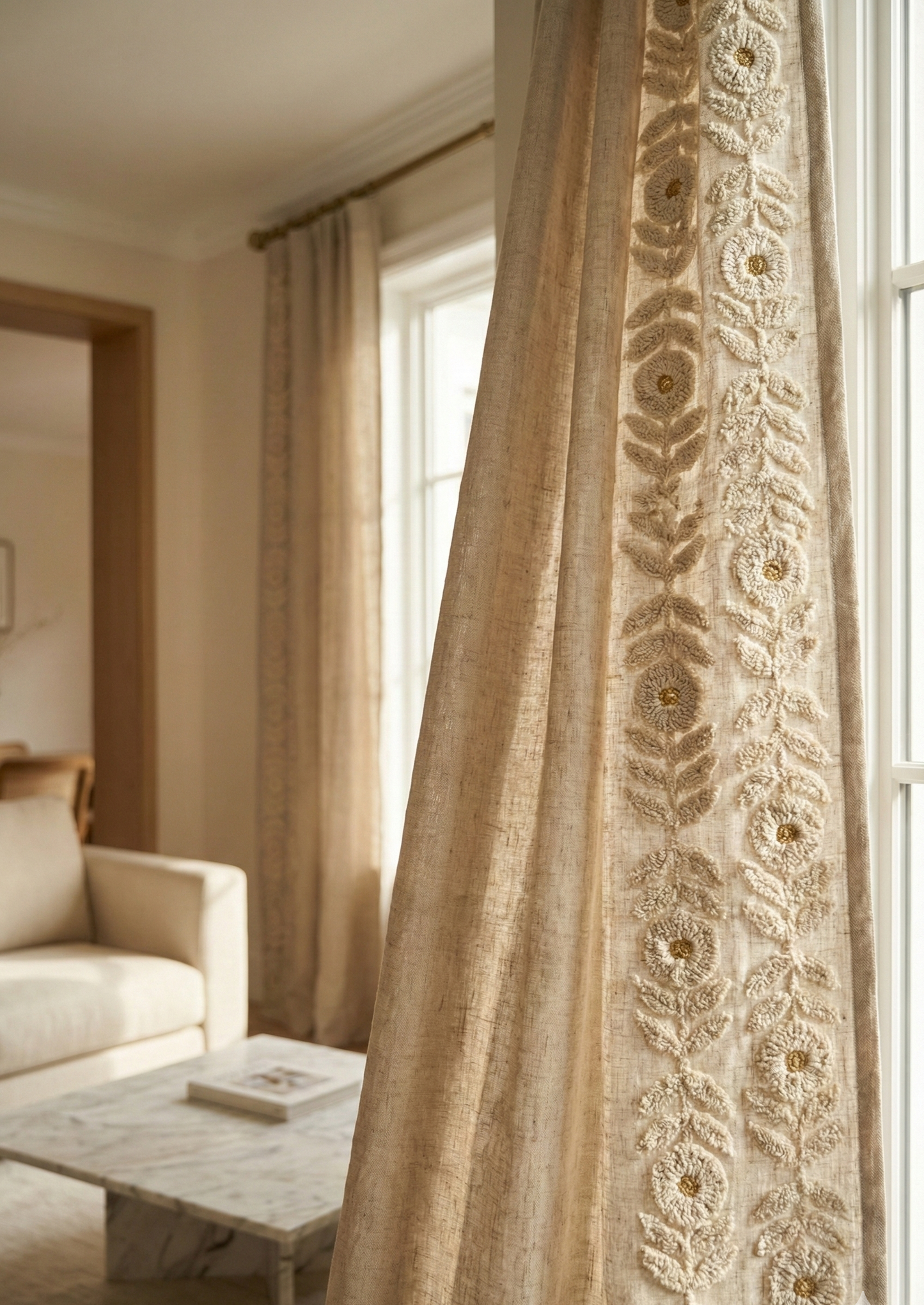 Hand-Embroidered Botanical Sheer Curtain Panel – Natural Linen Look