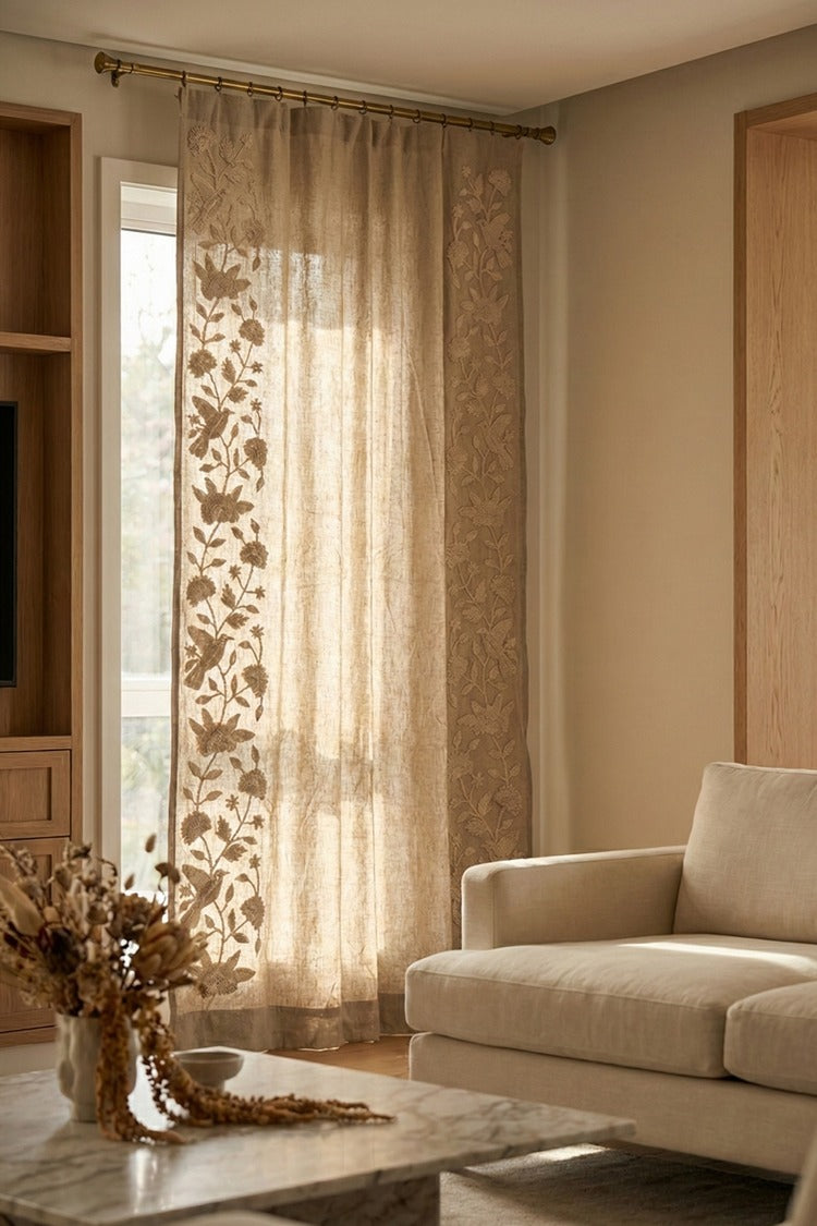 Hand-Embroidered Botanical Sheer Curtain Panel – Natural Linen Look