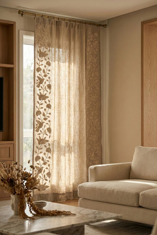 Hand-Embroidered Botanical Sheer Curtain Panel – Natural Linen Look