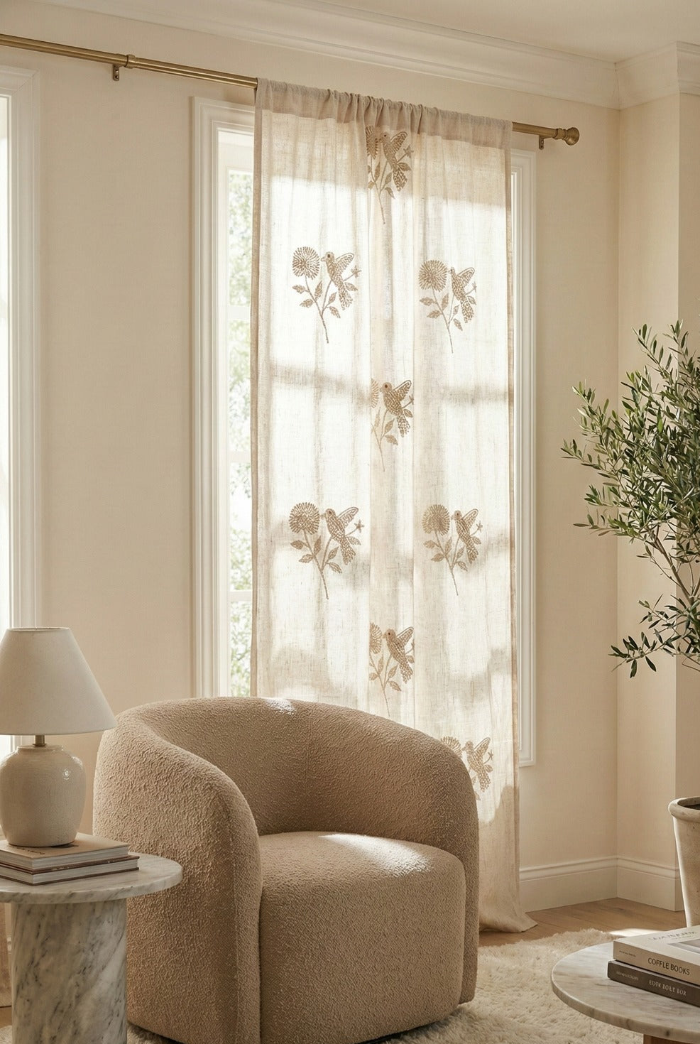 Hand-Embroidered Botanical Sheer Curtain Panel – Natural Linen Look