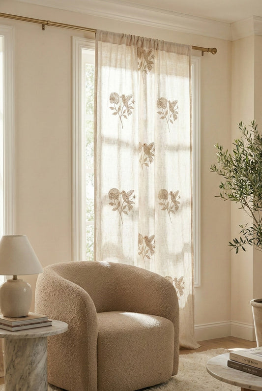 Hand-Embroidered Botanical Sheer Curtain Panel – Natural Linen Look