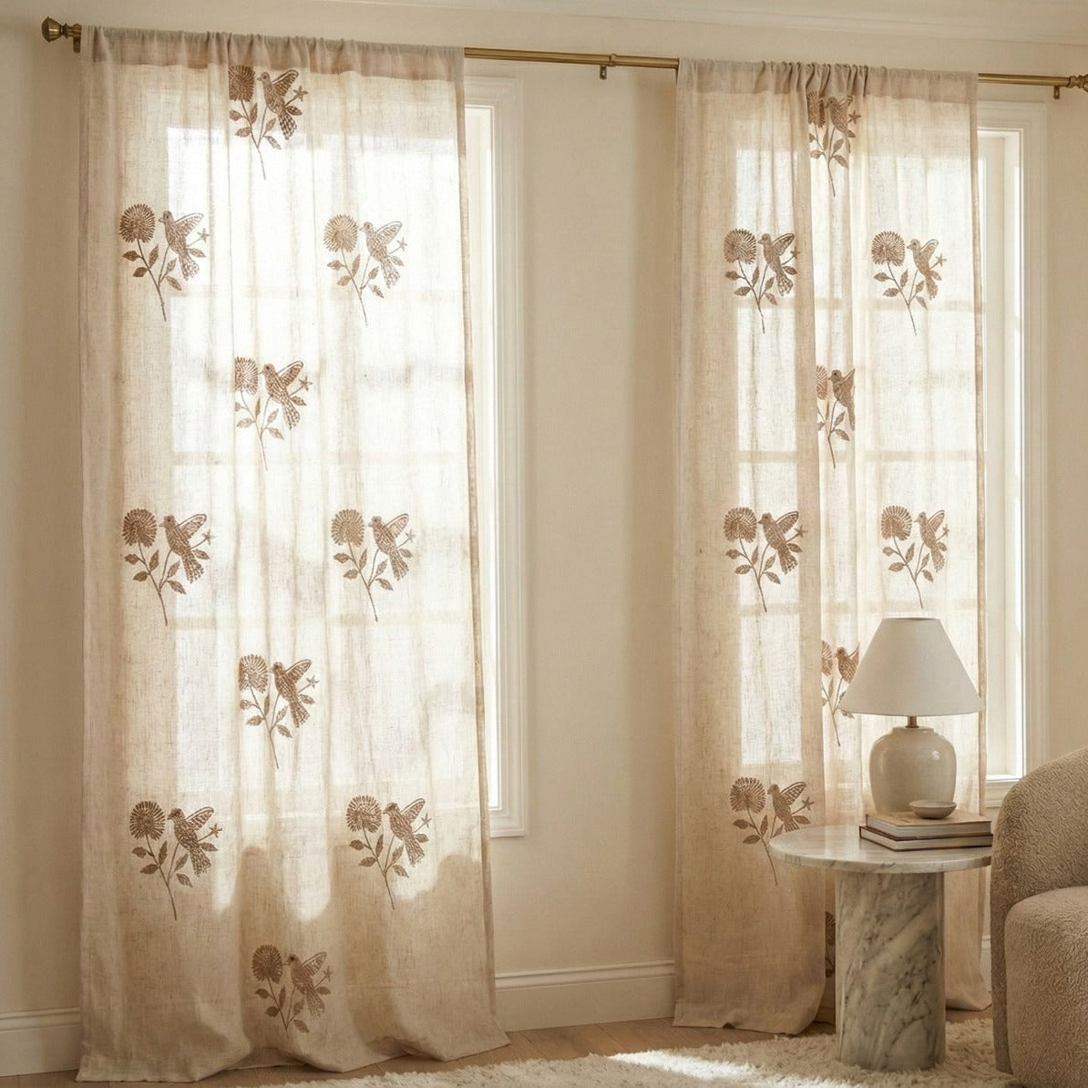 Hand-Embroidered Botanical Sheer Curtain Panel – Natural Linen Look