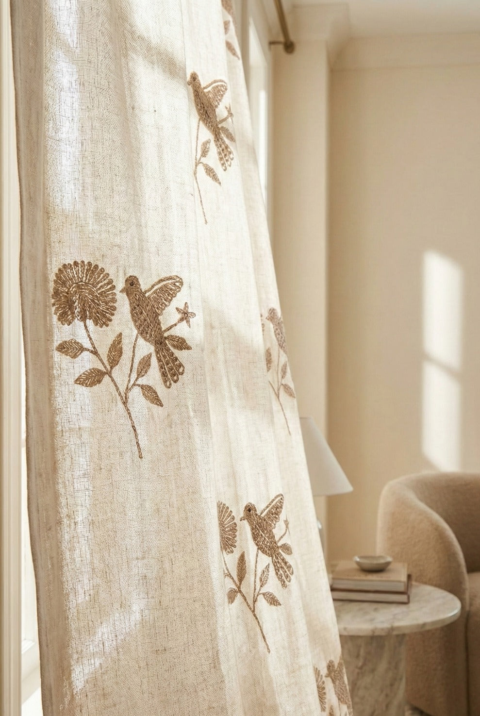Hand-Embroidered Botanical Sheer Curtain Panel – Natural Linen Look