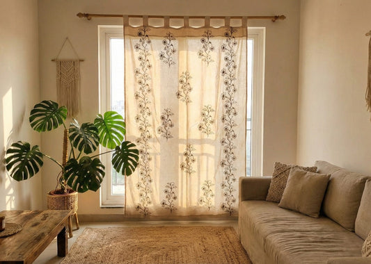 Hand-Embroidered Botanical Sheer Curtain Panel – Natural Linen Look