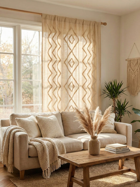 Hand-Embroidered Botanical Sheer Curtain Panel – Natural Linen Look