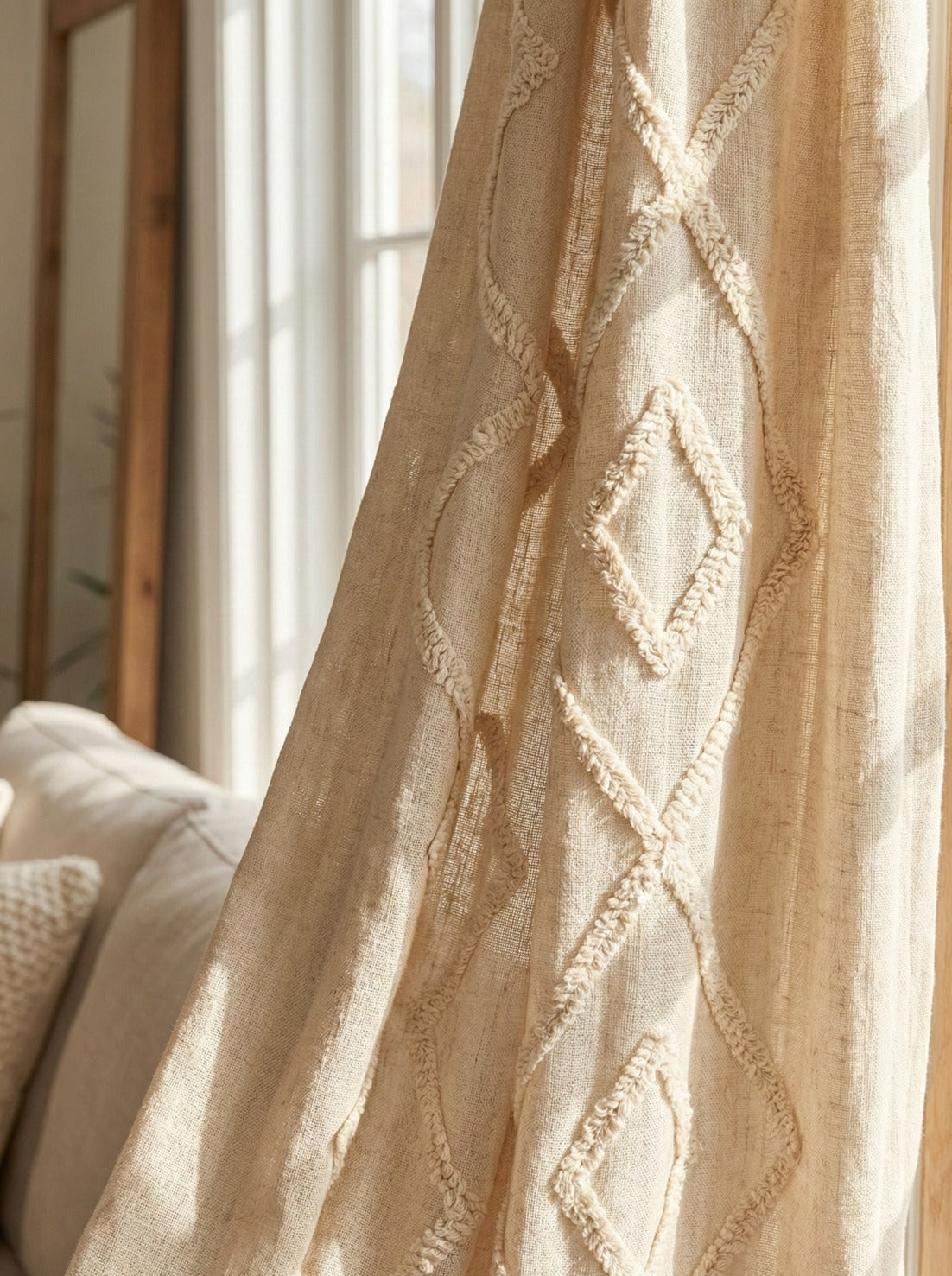 Hand-Embroidered Botanical Sheer Curtain Panel – Natural Linen Look