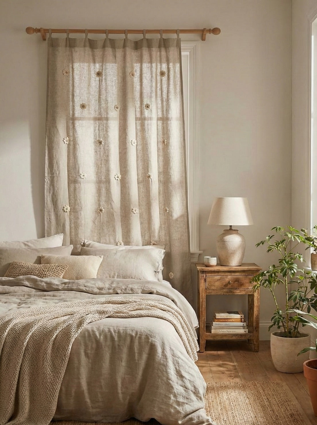 Hand-Embroidered Botanical Sheer Curtain Panel – Natural Linen Look
