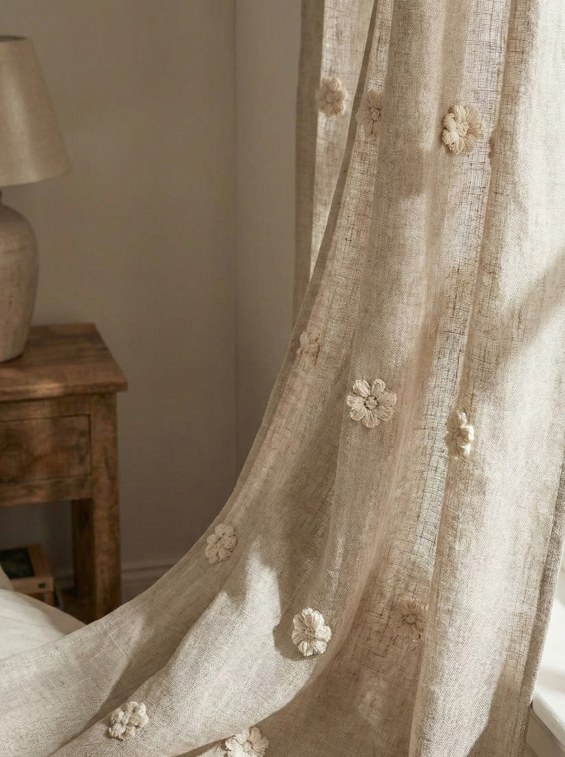Hand-Embroidered Botanical Sheer Curtain Panel – Natural Linen Look