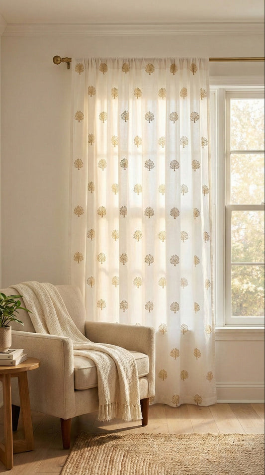 Hand-Embroidered Botanical Sheer Curtain Panel – Natural Linen Look