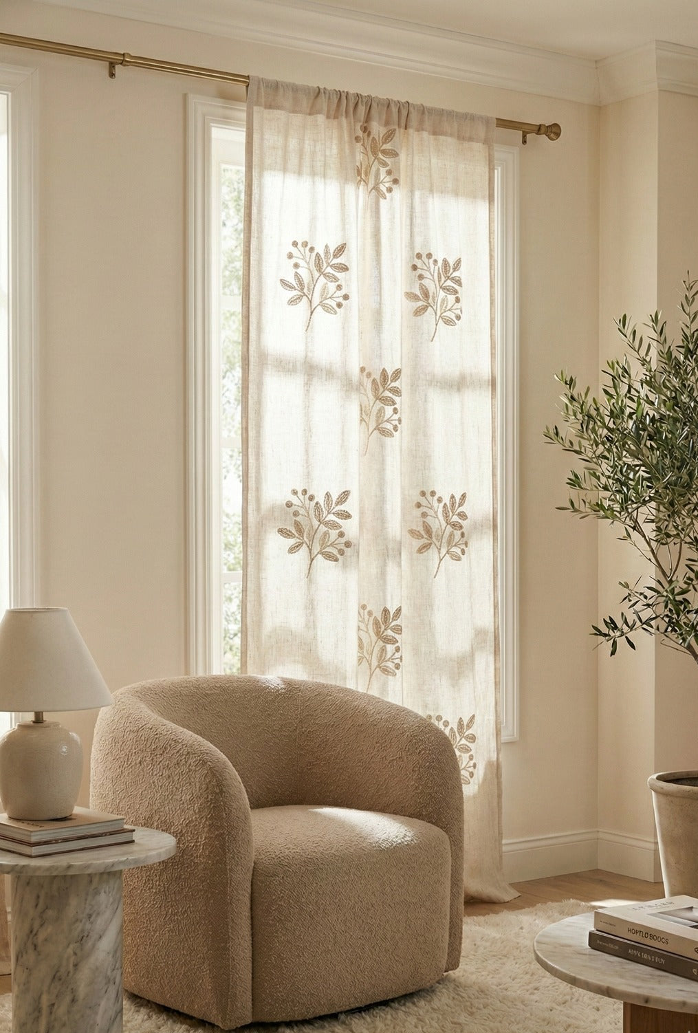 Hand-Embroidered Botanical Sheer Curtain Panel – Natural Linen Look