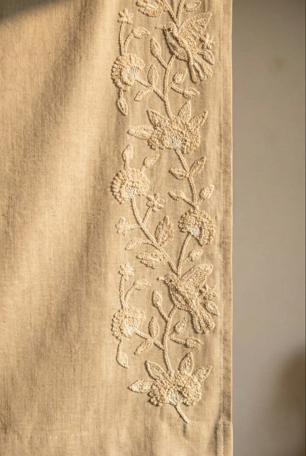 Hand-Embroidered Botanical Sheer Curtain Panel – Natural Linen Look