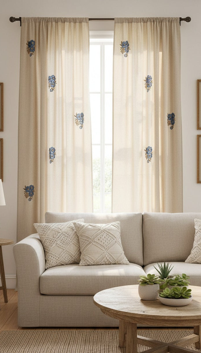 Hand-Embroidered Botanical Sheer Curtain Panel – Natural Linen Look