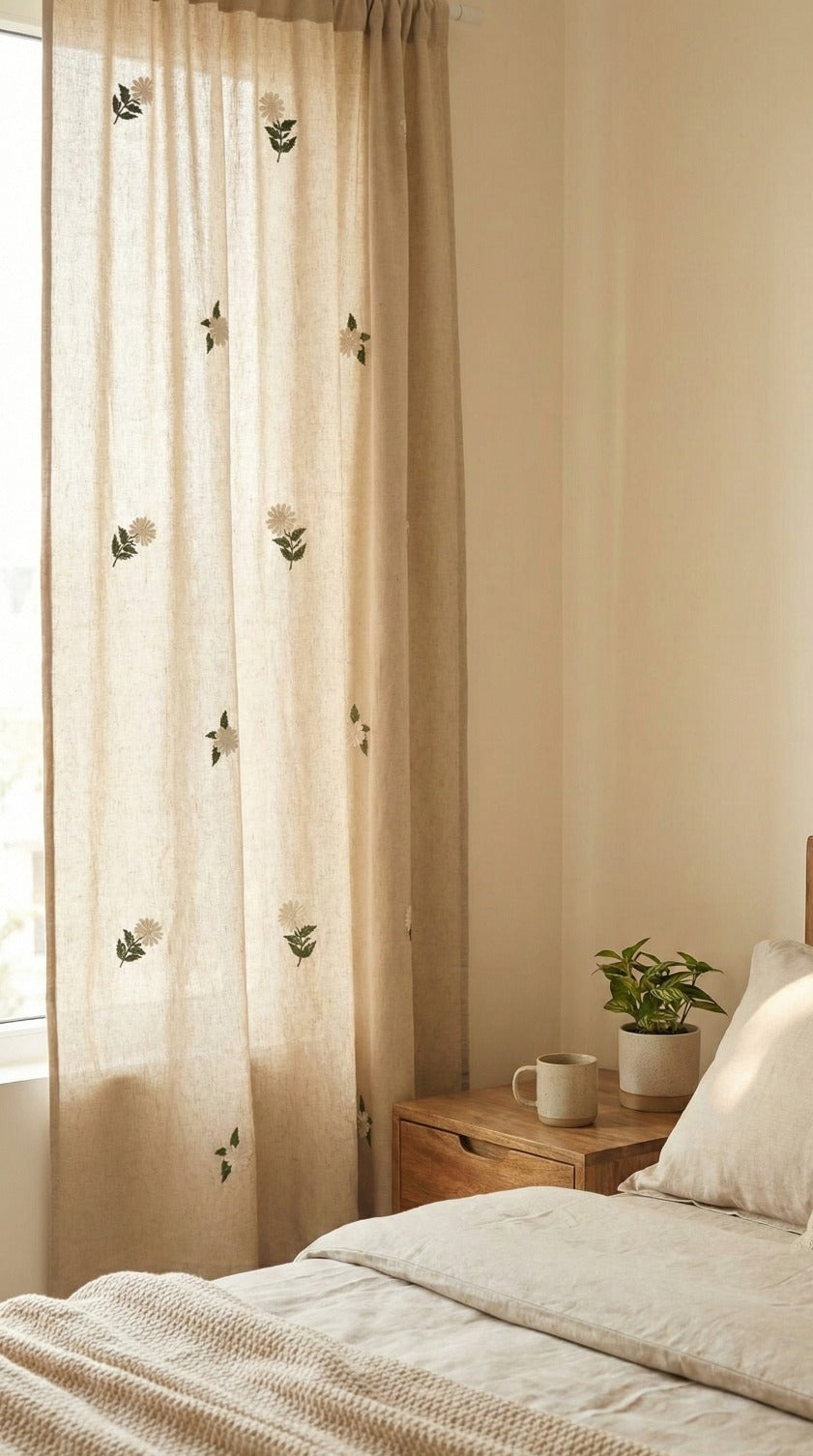 Hand-Embroidered Botanical Sheer Curtain Panel – Natural Linen Look